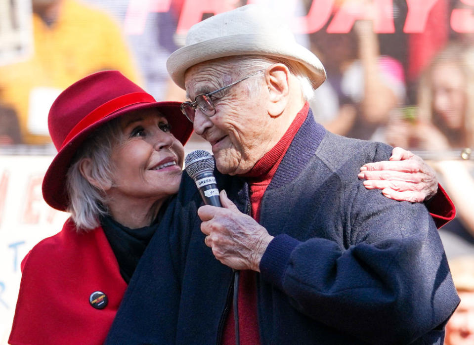 LOS ANGELES, CALIFORNIA - FEBRUARY 07: Jane Fonda and Norman Lear participate in Jane Fonda's Fire Drill Friday at Los Angeles City Hall on February 07, 2020 in Los Angeles, California. (Photo by Rachel Luna/Getty Images)