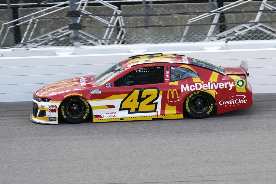 Matt Kenseth drives during a NASCAR Cup Series auto race at Kansas Speedway in Kansas City, Kan., Thursday, July 23, 2020. (AP Photo/Charlie Riedel)