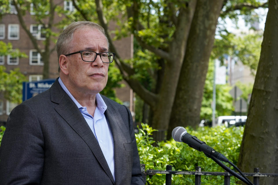 FILE - New York City Comptroller and Democratic mayoral candidate Scott Stringer speaks to reporters during a campaign news conference, Wednesday, June 9, 2021, in New York. Stringer, whose 2021 campaign for mayor was derailed by a decades-old sexual misconduct allegation sued his accuser for defamation on Monday, Dec. 12, 2022. His lawsuit filed in state court in Manhattan on Monday, Dec. 12, 2022, says that Kim "smeared Mr. Stringer’s integrity and reputation" in April 2021, when she accused him of groping her without consent some 20 years earlier. (AP Photo/Mary Altaffer)