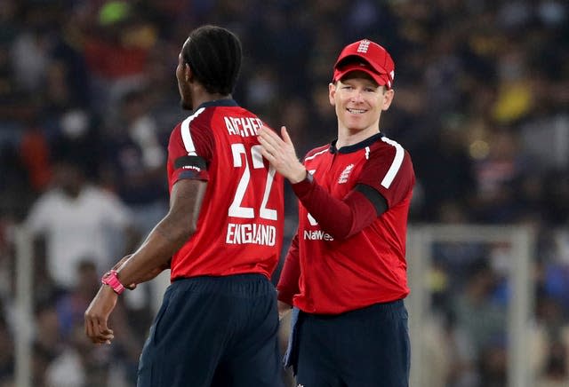 Eoin Morgan (right) says Jofra Archer (left) could be forced to withdraw from the IPL.