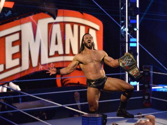 Drew McIntyre celebrates winning the title at Wrestlemania on Sunday (WWE)