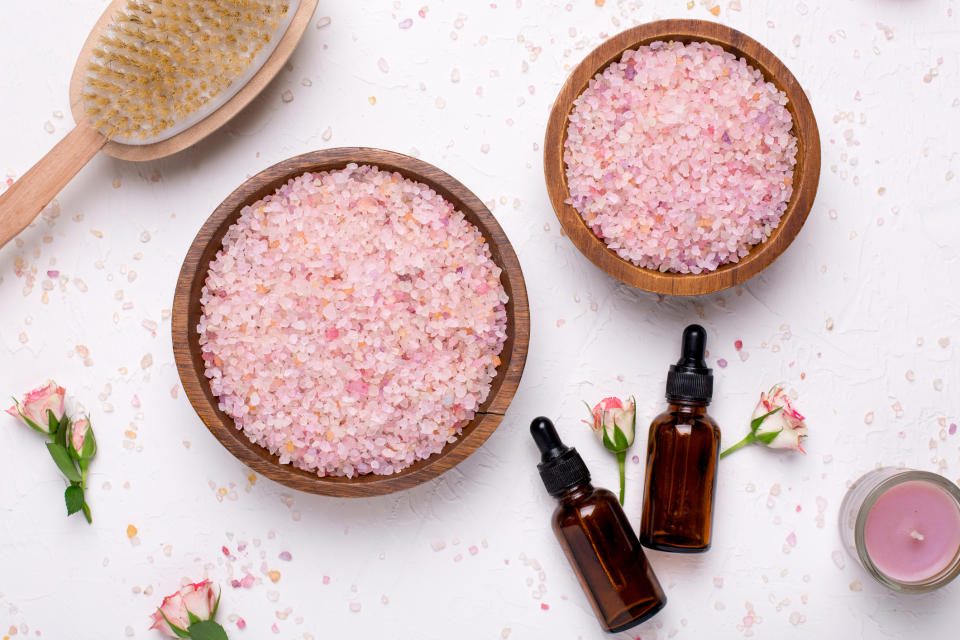 Bath salts and essential oil bottles for bath salt recipes