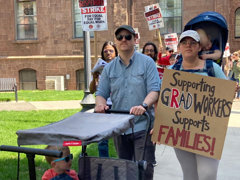 Rutgers faculty picketed for a new contract outside Winants Hall on the New Brunswick campus during the university's board of governors meeting Thursday.