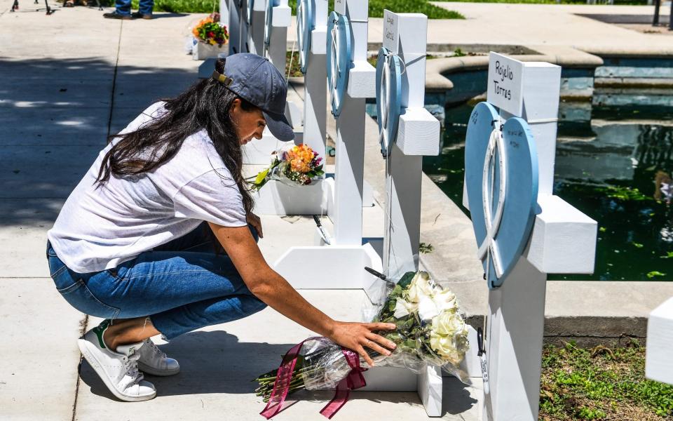 The Duchess flew to Uvalde, Texas on Thursday to lay flowers at the memorial for the murdered primary school children - Chandan Khanna/AFP