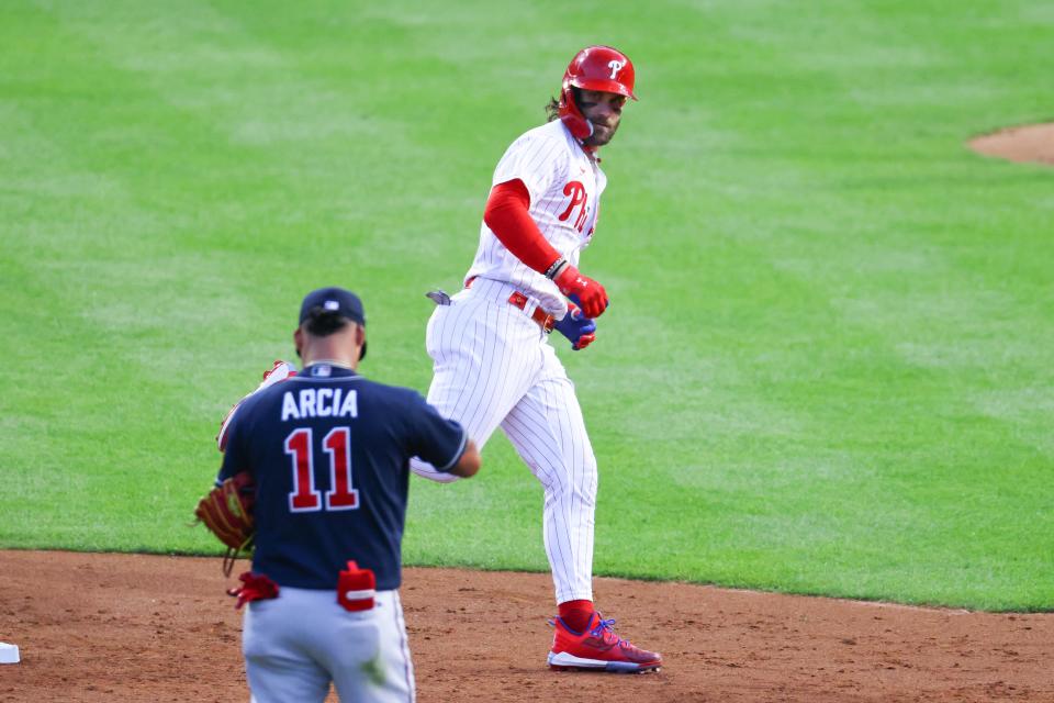 Bryce Harper und die Phillies hatten in der NLDS das letzte Wort.  (Rich Graessle/Icon Sportswire über Getty Images)