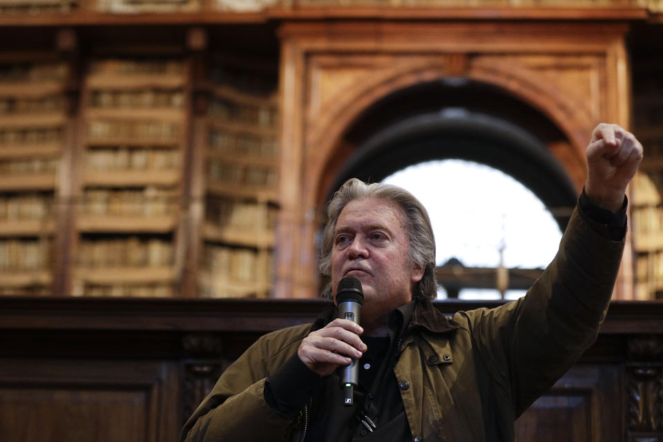 Former White House strategist Steve Bannon delivers his speech on the occasion of a meeting titled 'Information Algorithms' in the Rome's Angelica Library, Thursday, March 21, 2019. (AP Photo/Gregorio Borgia)