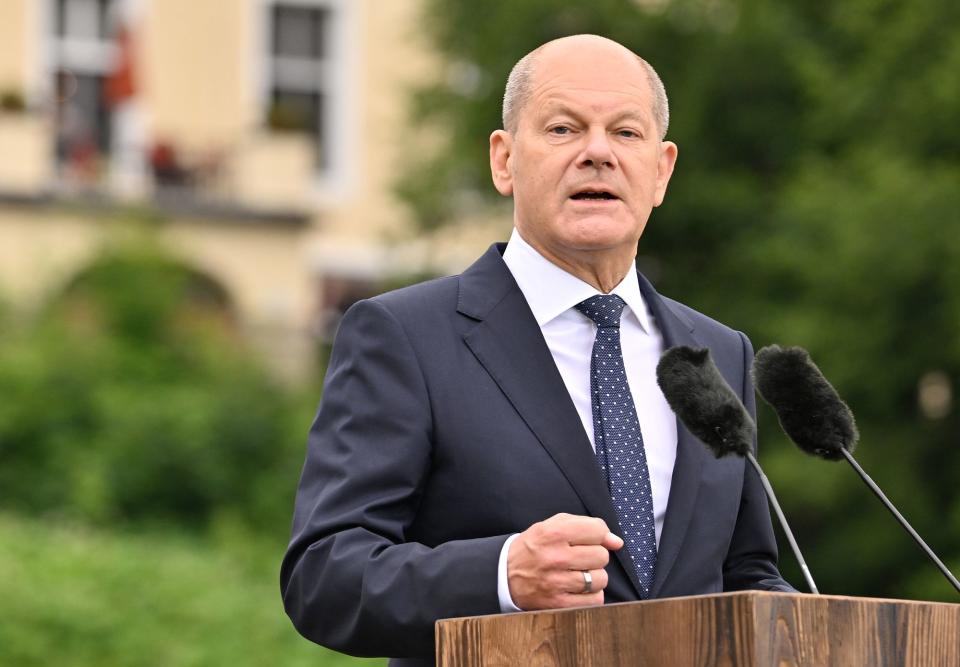 Olaf Scholz bei der Pressekonferenz zum Abschluss des G7-Gipfels auf Schloss Elmau, Bayern (Bild: Thomas Lohnes/Getty Images)