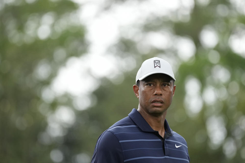 Tiger Woods stands on the sixth hole during the second round of the Masters golf tournament at Augusta National Golf Club on Friday, April 7, 2023, in Augusta, Ga. (AP Photo/Jae C. Hong)