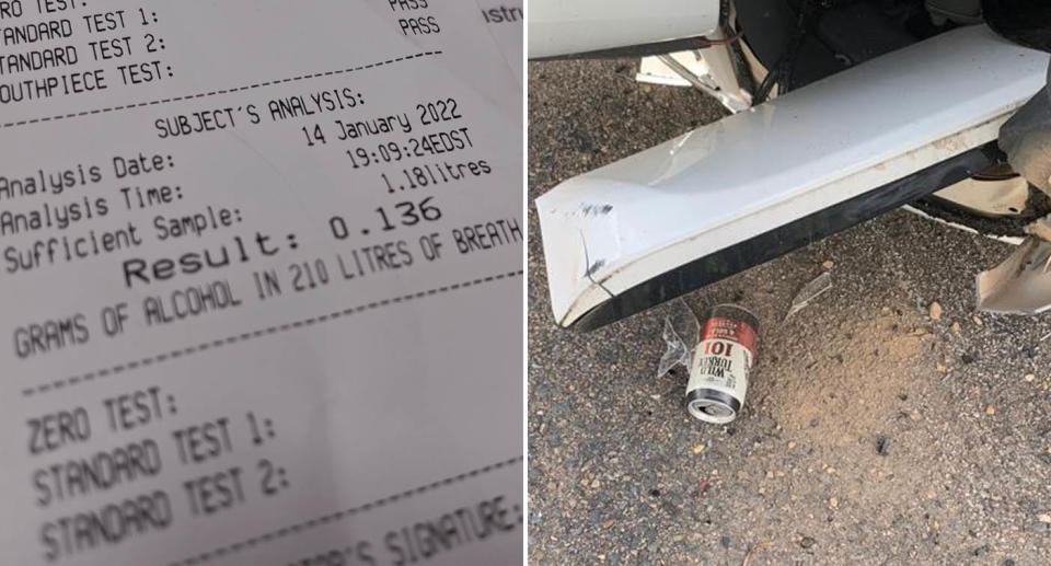 A ticket for drink driving is pictured along with a crashed car and a can of Wild Turkey.