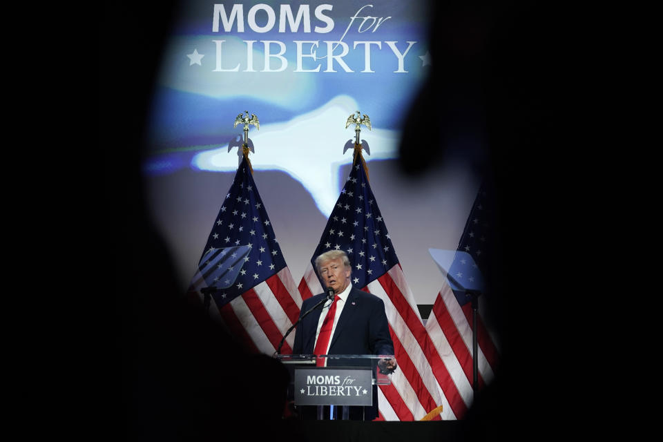 FILE - Former President Donald Trump speaks at the Moms for Liberty meeting in Philadelphia, Friday, June 30, 2023. (AP Photo/Matt Rourke, File)