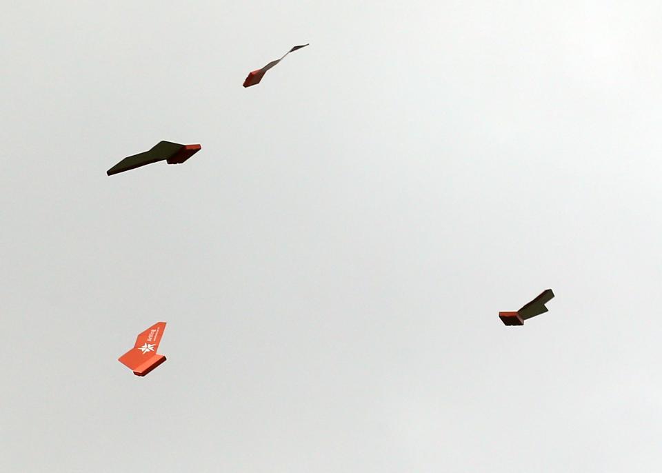 Five Forces AirWing delivery systems dropped from a plane spin through the air like the silver maple seeds, which they were designed after, at the Seabeck Conference Center on Oct. 20.