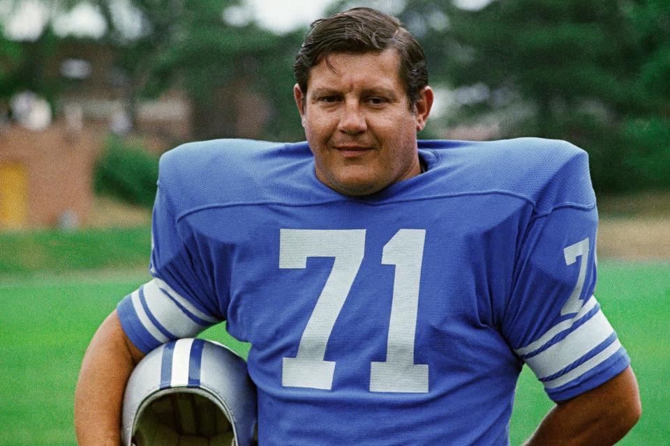FILE - This 1971 file photo shows Detroit Lions' Alex Karras. Better late than never, Karras will be formally enshrined as part of the Pro Football Hall of Fame's Centennial Class of 2020.  (AP Photo/File)