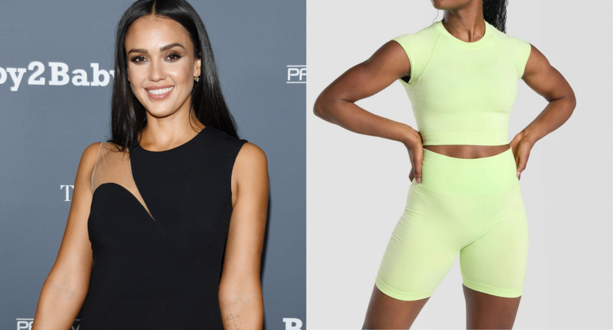 Jessica Alba's go-to Gymshark look is on sale during the brand's latest sale. (Images via Getty Images/Gymshark)