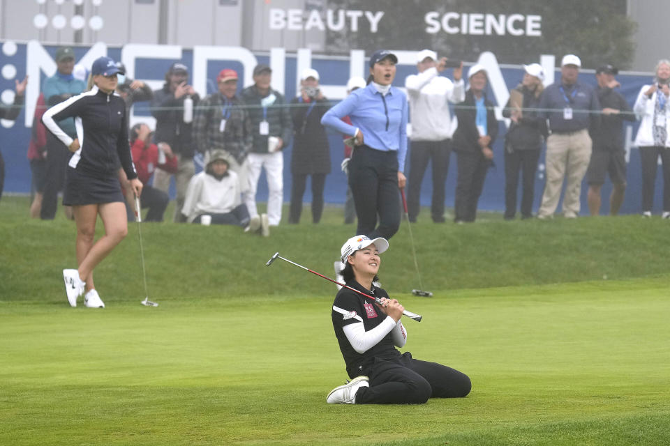 Min Lee reacts after missing an eagle putt on the 18th green at Lake Merced Golf Club during the final round of the LPGA Mediheal Championship golf tournament Sunday, June 13, 2021, in Daly City, Calif. (AP Photo/Tony Avelar)