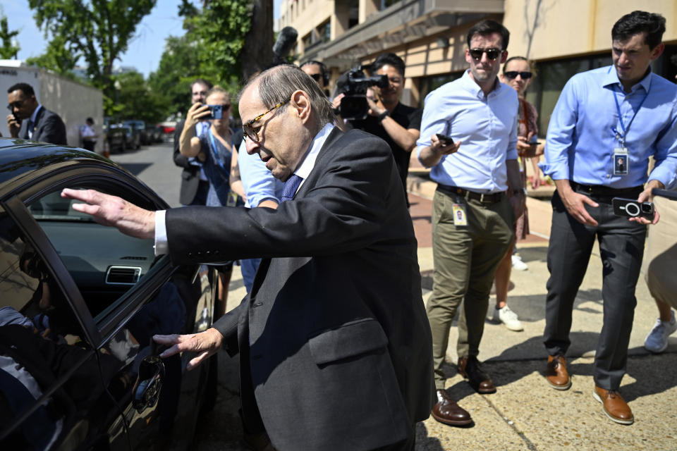 Rep. Jerrold Nadler, D-N.Y., departs Democratic National Committee Headquarters after meeting to discuss the 2024 election and President Joe Biden's candidacy Tuesday, July 9, 2024, in Washington. (AP Photo/John McDonnell)