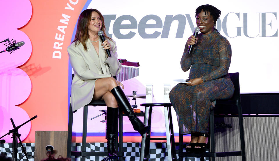 Ashley Tisdale, heels, high heels, boots, black boots, embossed boots, knee high boots, tall boots, blazer, sweater, shorts, Teen Vogue, Teen Vogue Summit, Los Angeles