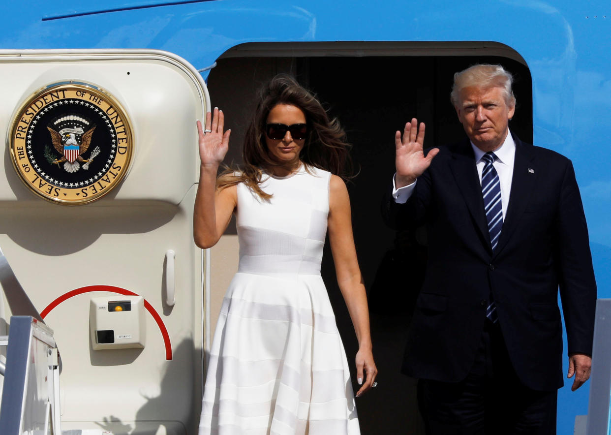 President Donald Trump and first lady Melania Trump wave as they board Air Force One to travel to Rome from Ben Gurion International Airport near Tel Aviv, Israel, May 23, 2017. (Photo: Amir Cohen / Reuters)