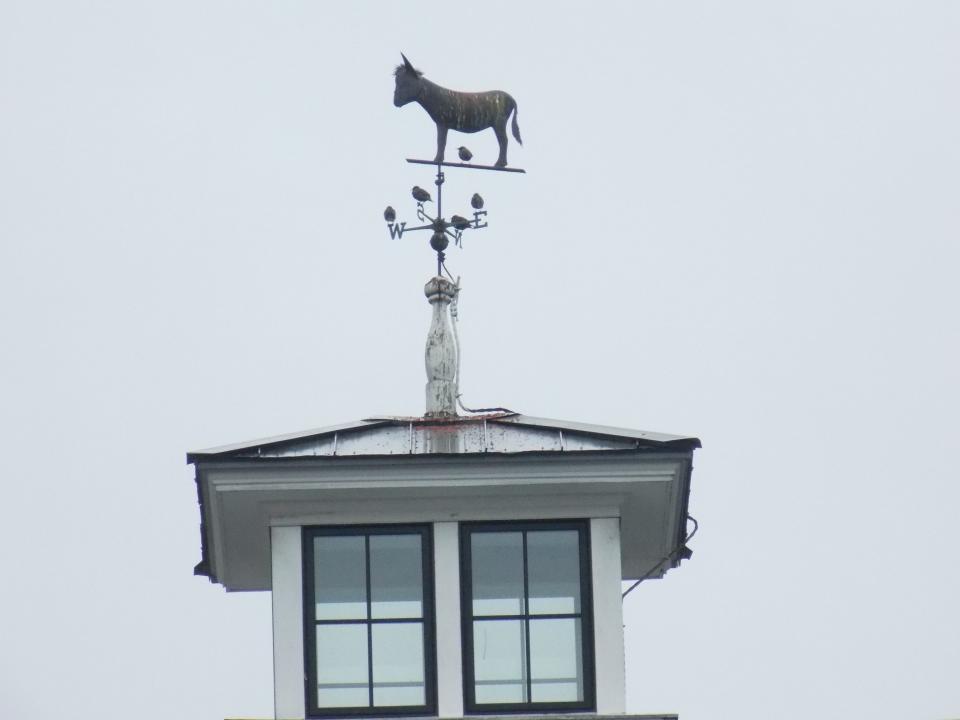 In North Hampton at the Hobbs Farm now known as Throwback Brewery, a special weathervane of a donkey tops one of the cupolas on the historic barn. The donkey represents Jericho who died in 2015 after 27 years of parading in the pasture of the Hobbs Farm.