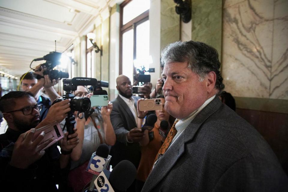 PHOTO: Attorney Jeff Germany, who represents Riley Keough, granddaughter of Elvis Presley, leaves court after fighting the claim of a company that wants to force the sale of Graceland, at Shelby County Courthouse in Memphis, Tenn., May 22, 2024. (Karen Pulfer Focht/Reuters)