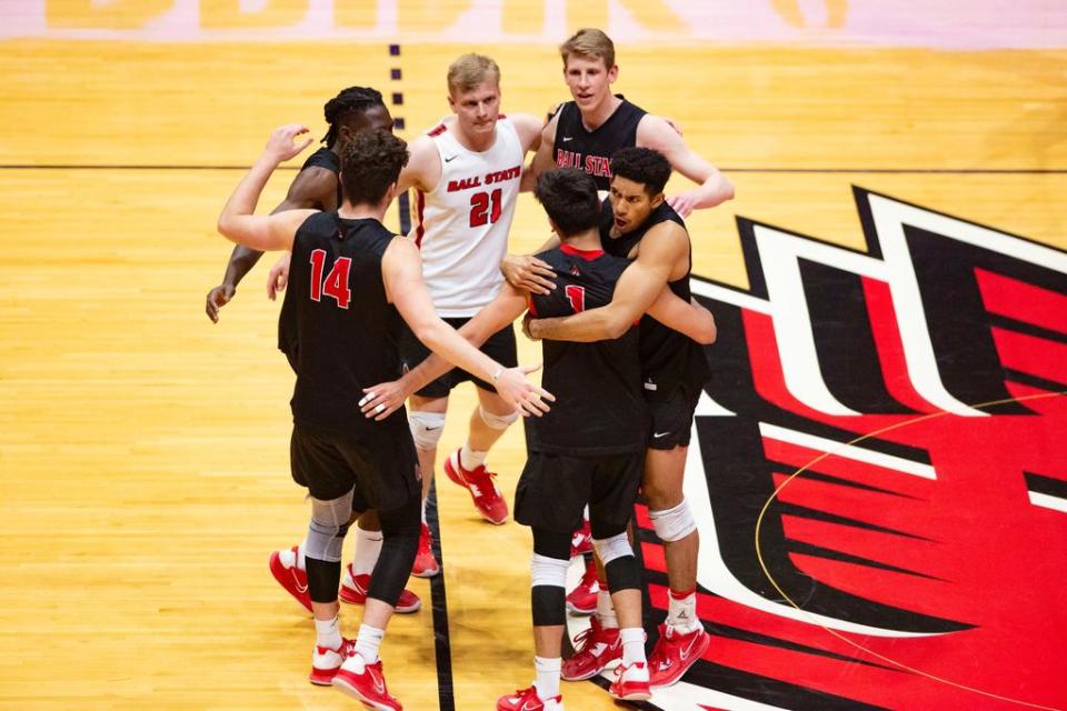 Ball State men's volleyball huddles in the team's MIVA championship match against Ohio State in Worthen Arena on Saturday, April 22, 2023.