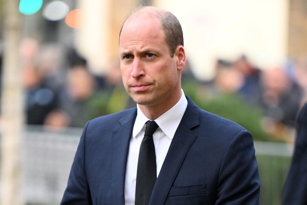 <p>Karwai Tang/WireImage</p> Prince William at the funeral of of Sir Bobby Charlton at Manchester Cathedral on November 13, 2023.