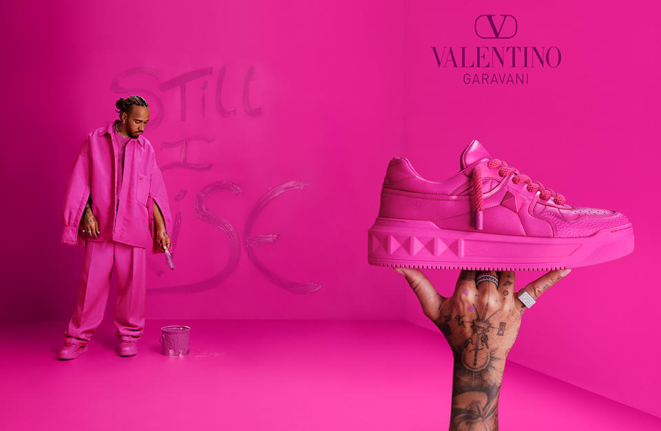 Lewis Hamilton in Valentino’s PP Pink campaign for fall 2022. - Credit: Courtesy of Valentino