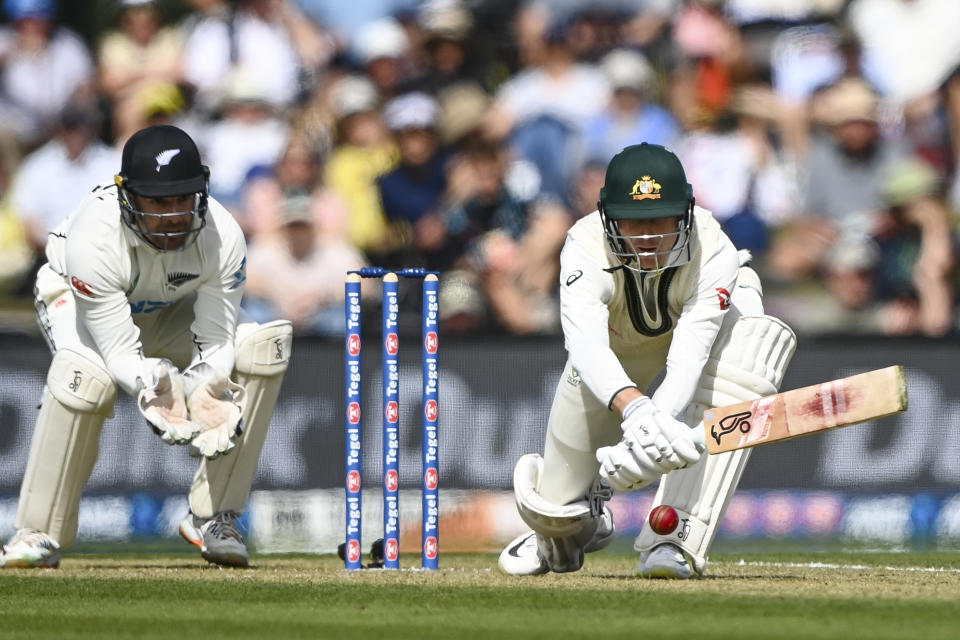 Marnus Labuschagne of Australia plays a reverse sweep shot on day two of the second cricket test between New Zealand and Australia in Christchurch, New Zealand, Saturday, March 9, 2024. (John Davidson/Photosport via AP).