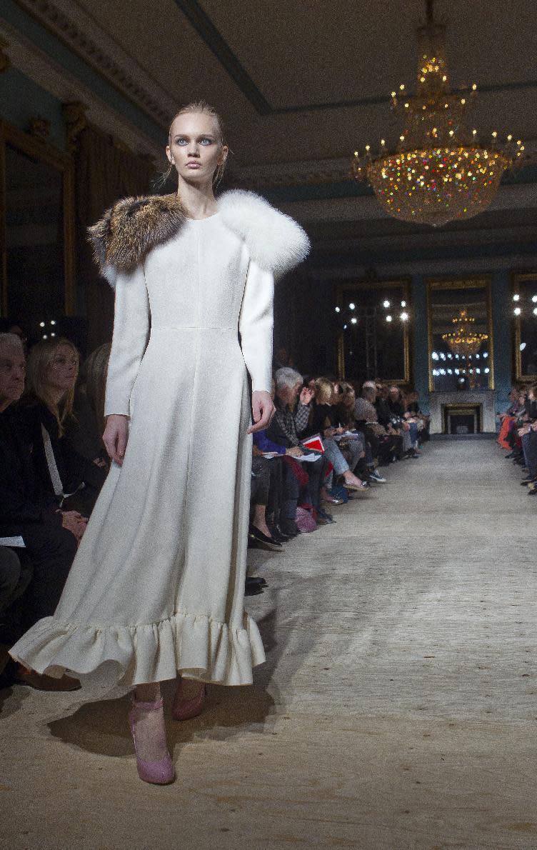 A model wears a creation by designer Roksanda Ilincic during a show at London Fashion Week, Tuesday, Feb. 21, 2012. (AP Photo/Joel Ryan)