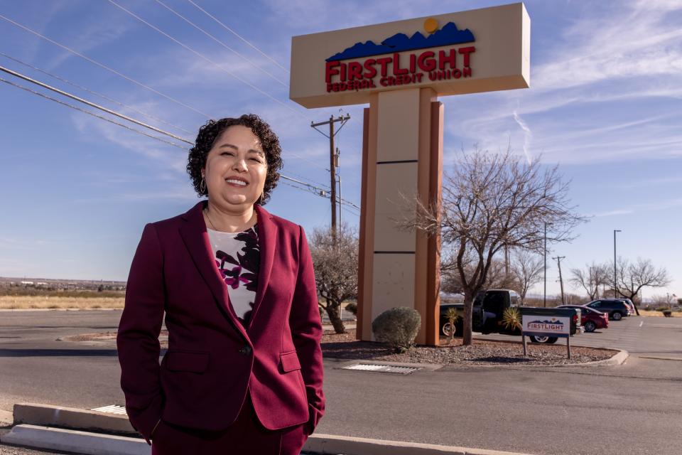 Margie Salazar, new CEO at FirstLight Federal Credit Union in El Paso, stands in front of FirstLight headquarters on Thursday.