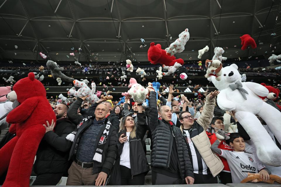 Teddy bears and toys thrown on the field to be sent to the earthquake zone of the Vodafone Park Stadium prior to the Turkish Super Lig soccer match between Besiktas and Fraport TAV Antalyaspor, in Istanbul, Turkiye on February 26, 2023. On Feb.6 a strong 7.7 earthquake, centered in the Pazarcik district, jolted Kahramanmaras and strongly shook several provinces, including Gaziantep, Sanliurfa, Diyarbakir, Adana, Adiyaman, Malatya, Osmaniye, Hatay, and Kilis. On the same day at 1.24 p.m. (1024GMT), a 7.6 magnitude quake centered in Kahramanmaras' Elbistan district struck the region.