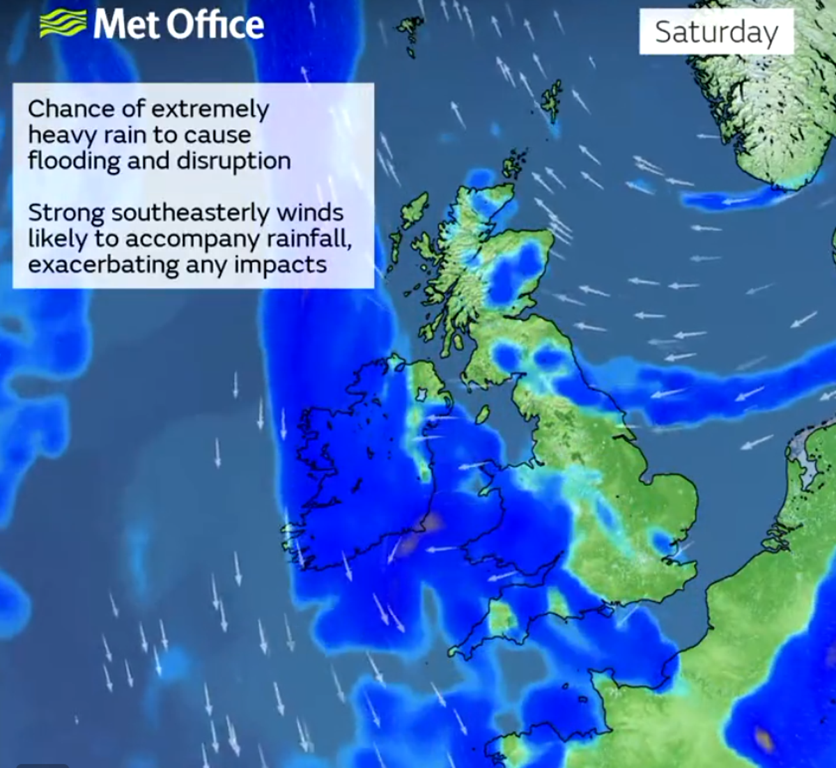 A weather map showing stormy conditions expected this Saturday as extremely heavy wind and rain predicted as Storm Babet batters Britain (The Met Office)