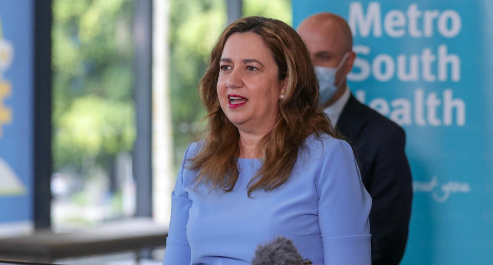Annastacia Palaszczuk addressing the media in Brisbane. The premier announced an end to Queensland border restrictions. 