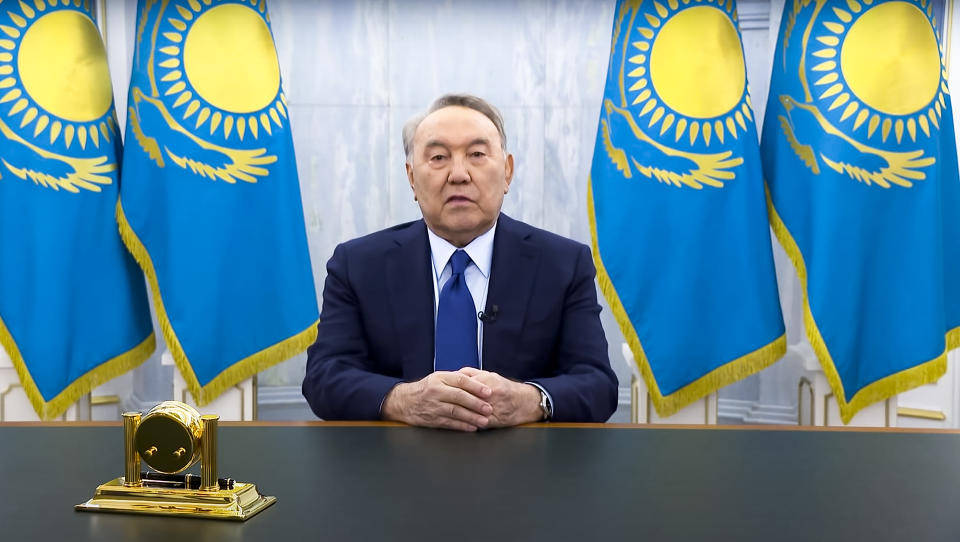 In this photo taken from video provided by The First President of the Republic of Kazakhstan Press Service, Kazakhstan's influential former leader Nursultan Nazarbayev speaks during his addressing to the nation in Nur-Sultan, Kazakhstan, Tuesday, Jan. 18, 2022. Kazakhstan's influential former leader released a short video on Tuesday in which he talked about the violent unrest that engulfed the ex-Soviet nation earlier this month and rejected reports alleging that he fled the country amid tensions with the current president. (The First President of the Republic of Kazakhstan Press Service via AP)