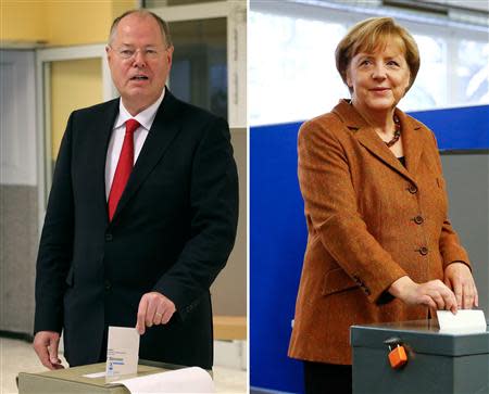 A combination of pictures shows Peer Steinbrueck (L), top candidate of the Social Democratic Party (SPD) as he casts his ballot in the German general election (Bundestagswahl) at a polling station in Bonn and German Chancellor and leader of Christian Democratic Union (CDU) Angela Merkel at a polling station in Berlin, September 22, 2013. REUTERS/Staff