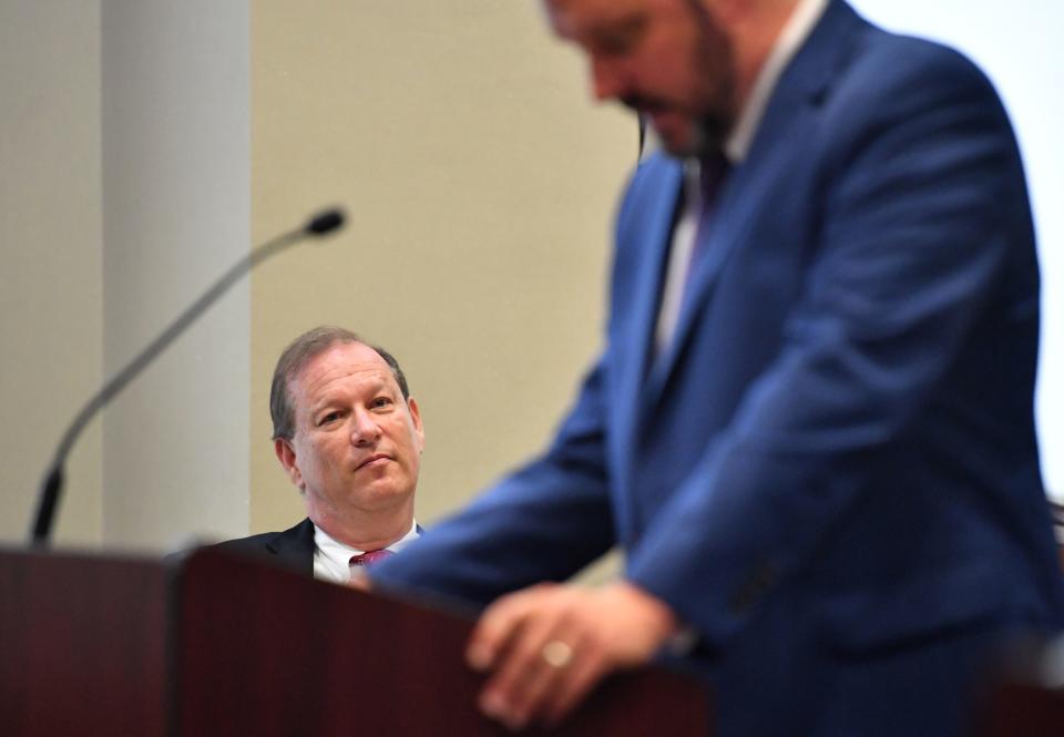 Chief Assistant State Attorney Craig Schaeffer listens to arguments made by attorney Joe Mladinich, representing the Sarasota Police Department, during a hearing in front of Judge Hunter Carroll on Thursday, May 16, 2024 in Sarasota.