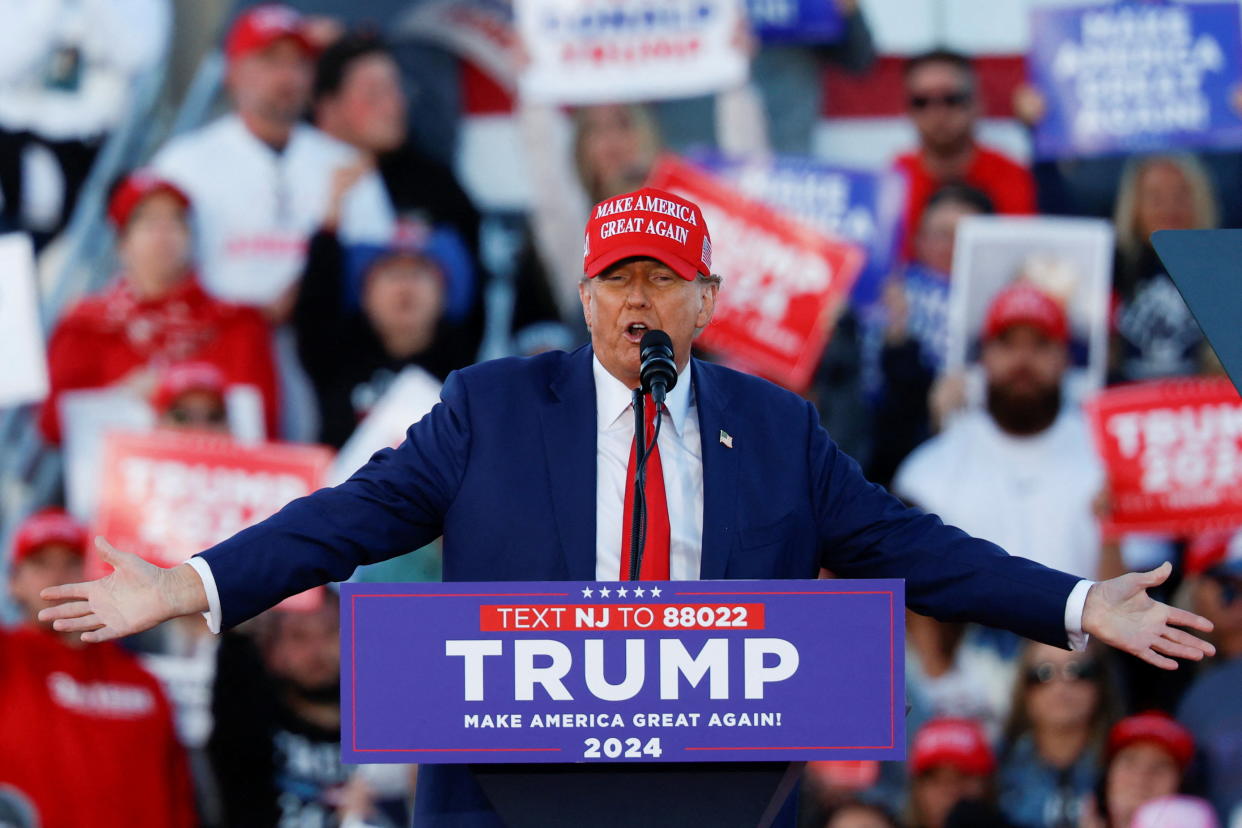 Former President Donald Trump speaks at a rally in Wildwood, N.J., on May 11. (Evelyn Hockstein/Reuters)
