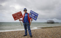 Anti Brexit campaigner Steve Bray poses for a photograph on the beach during the Labour Party Conference at the Brighton Centre in Brighton, England, Monday, Sept. 23, 2019. (AP Photo/Kirsty Wigglesworth)