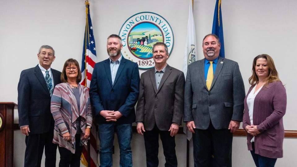 Newly elected and re-elected Canyon County officials took their oaths of office on Jan. 9, 2023 at the county administration building in Caldwell. From left: Clerk Chris Yamamoto; Treasurer Tracie Lloyd; Commissioners Zach Brooks and Brad Holton; Assessor Brian Stender and Coroner Jennifer Crawford.