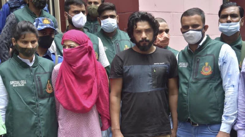 Gangster Kala Jatheri, with his partner, Anuradha Chaudhary, in police custody (PTI photo)
