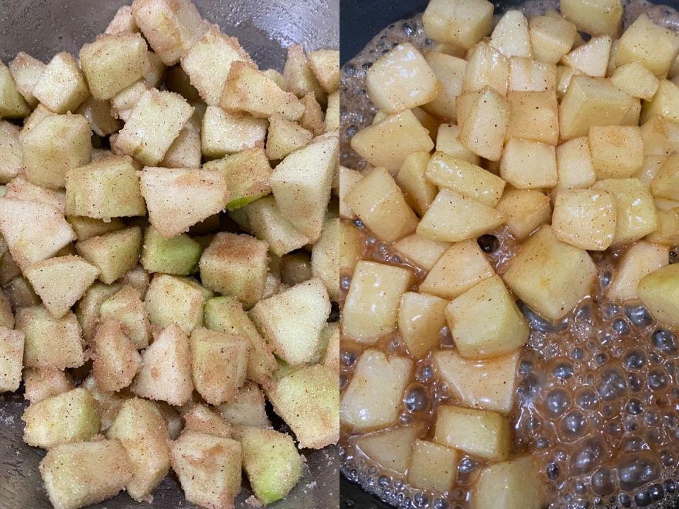 Caramelized apples sizzling in a pan.