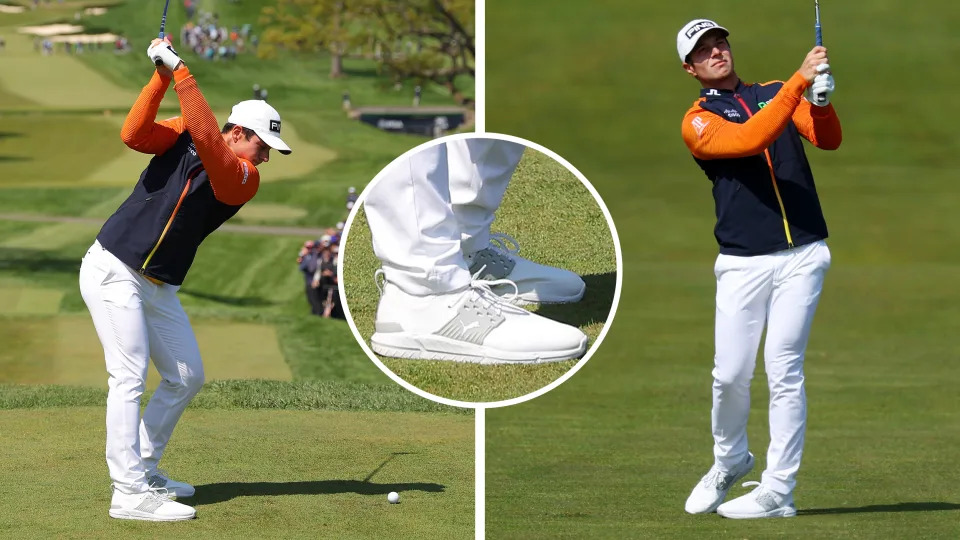  Viktor Hovland and a close up of his Puma golf shoes 