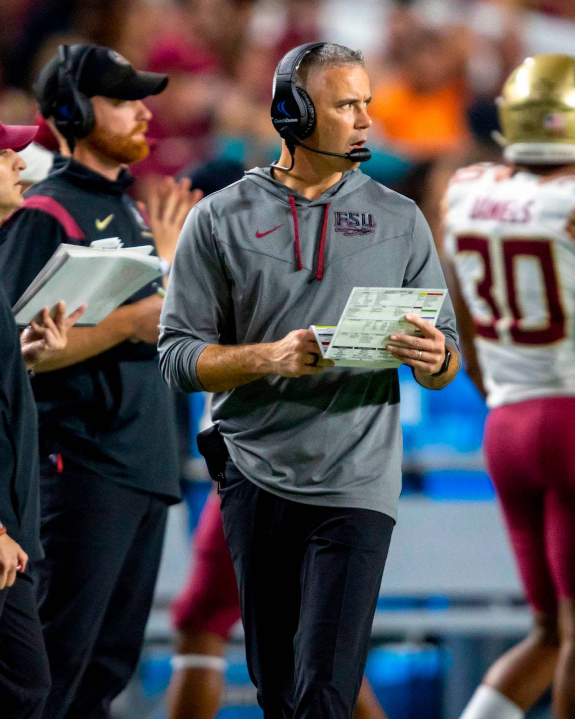 Florida State University head coach Mike Norvell reacts on the sidelines during the first quarter of an ACC football game against University of Miami at Hard Rock Stadium in Miami Gardens on Saturday, November 5, 2022.