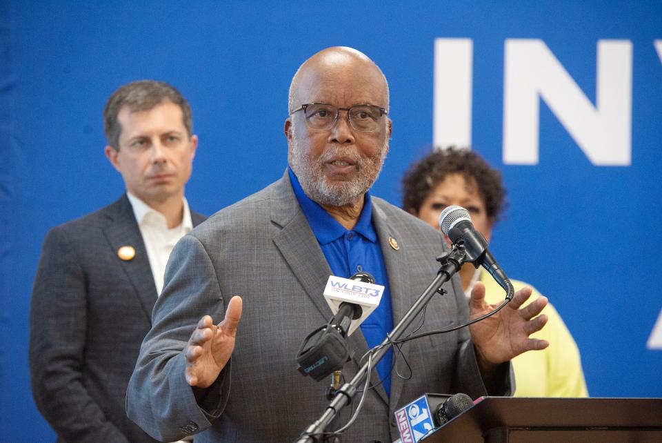 U.S. House Rep. Bennie Thompson speaks during a news conference at Hinds Community College following the groundbreaking for the Medgar Evers Boulevard Project in Jackson on June 21. Thompson is now facing heat for a staffer who posted Saturday in support of an attack on former President Donald Trump.