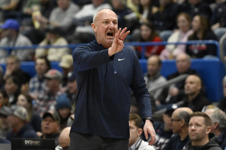 Butler head coach Thad Matta gestures in the first half of an NCAA college basketball game against UConn, Tuesday, Feb. 6, 2024, in Hartford, Conn. (AP Photo/Jessica Hill)