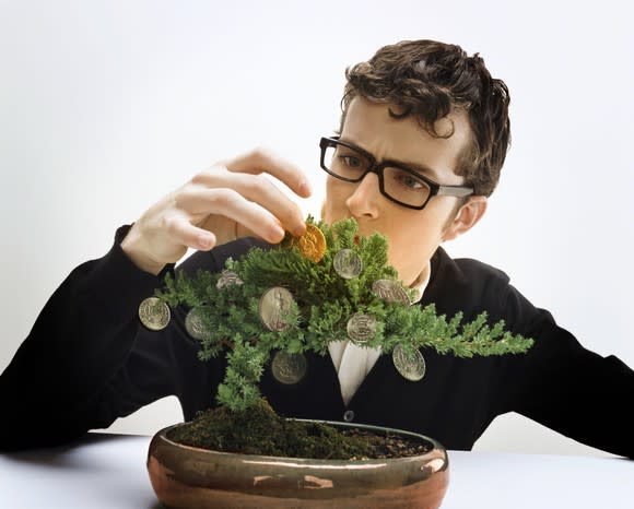 Man picking coins off of a bonsai tree.