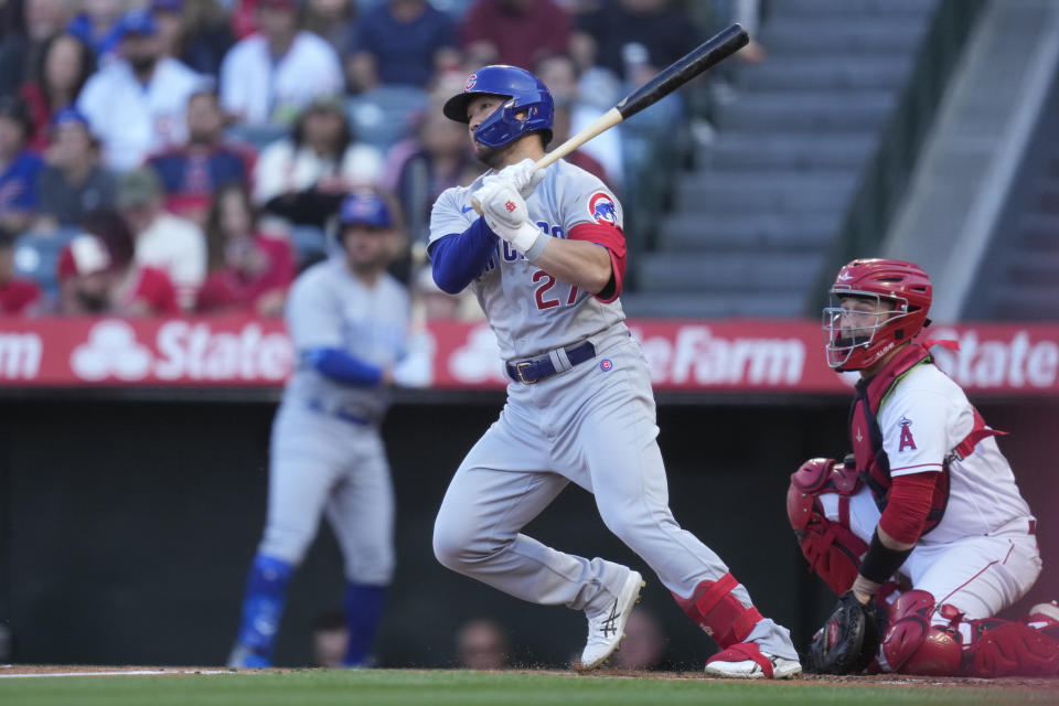 Chicago Cubs' Seiya Suzuki (27) flies out during the second inning of a baseball game in Anaheim, Calif., Wednesday, June 7, 2023. (AP Photo/Ashley Landis)