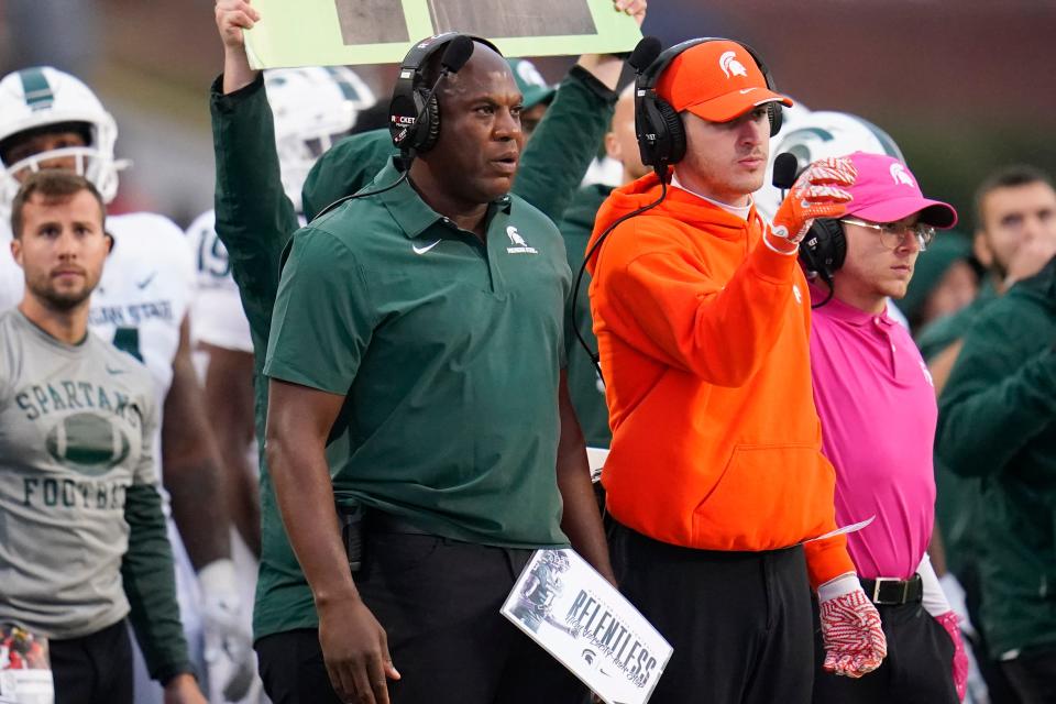 Michigan State head coach Mel Tucker looks on during the second half of an NCAA college football game against Maryland, Saturday, Oct. 1, 2022, in College Park, Md. (AP Photo/Julio Cortez)