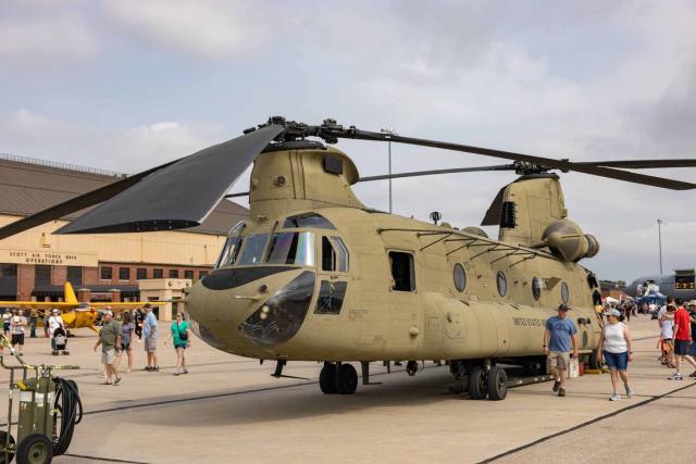 Pictured is a Chinook Helicopter during the Scott Air Force Base Airshow. The airshow, at SAFB for the first time since 2017, drew large crowds.