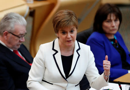 Scotland's First Minister Nicola Sturgeon speaks in the Scottish Parliament during continued Brexit uncertainty in Edinburgh, Scotland, Britain, April 24, 2019. REUTERS/Russell Cheyne