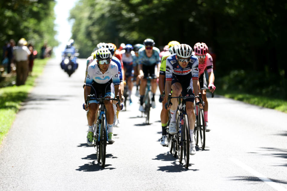 GRAND COLOMBIER FRANCE  JULY 14 LR Nelson Oliveira of Portugal and Movistar Team and Kasper Asgreen of Denmark and Team Soudal  Quick Step compete in the breakaway during the stage thirteen of the 110th Tour de France 2023 a 1378km stage from ChtillonSurChalaronne to Grand Colombier 1501m  UCIWT  on July 14 2023 in Grand Colombier France Photo by Michael SteeleGetty Images